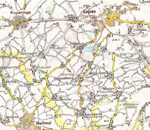Rough Map of Wulverghem & Neuve Eglise 1915, with modern roads deleted.