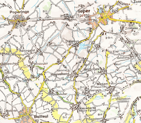 Rough Map of Wulverghem & Neuve Eglise 1915, with modern roads deleted.