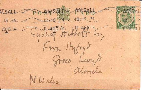 Sent to Sydney whilst on Holiday at Abergele. Aug. 11th 1914.