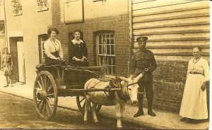 Outside the Old English Gentleman, Gold St. Saffron Walden. Far right: Grandmother Penning. Seated in Cart: (dark dress) Elizabeth Penning, sister of John Francis, Bertie's Landlord., George and William.