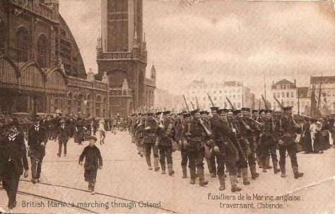British Marines marching through Ostend. 1915.