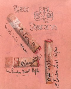 Irish regiment Autographs collected on Cigarette ppares . Hsopital Birkenhead. 1916.