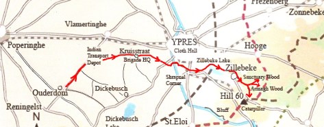 Rough Map of Staffords Route to the Front. 5th July 1915.