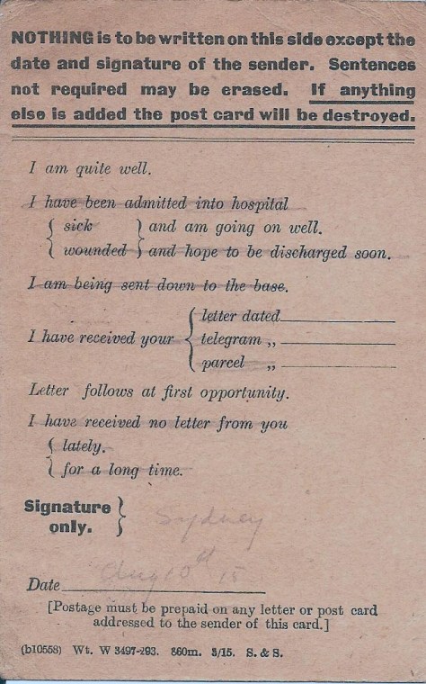 Field Post card from Sydney Hibbett to Ida Hibbett. 10th Aug. 1915.