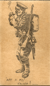 Half-a-Mo-Kaiser! Copy of Bairnsfather's cartoon by A.H. Hibbett. 1916.