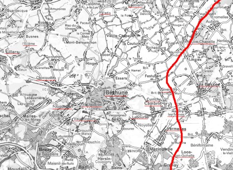 Rough Map/ modern roads deleted: Artois Region, France : Hohenzollern Redoubt. Approx Front Line in Red. October 13th 1915.