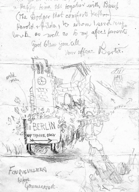 Drawing with Left Hand in first Letter Home from Hospital. 9th July 1916. A.H.Hibbett. Copyright.