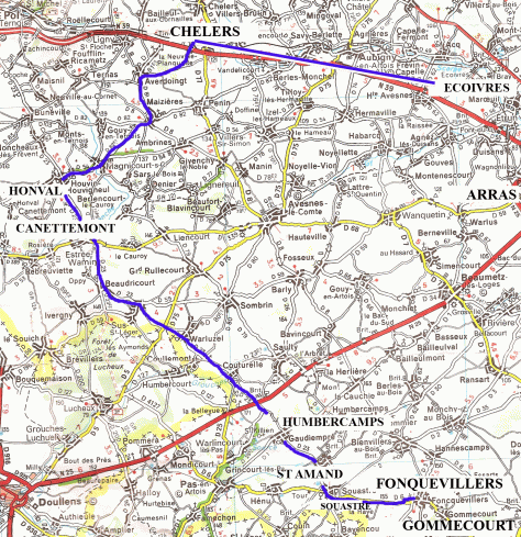 From Chelers to Fonquevillers/Gommecourt via Canettemont/Honval snd St Amand.
