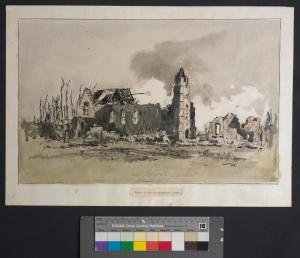 Church of Our Lady, Fonquevillers. Water colour. Adrian Hill. Imperial War Museum.
