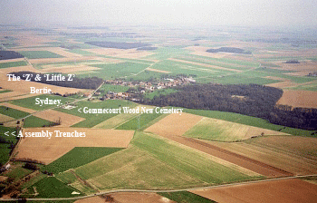 Gommecourt Village, Park & Wood today from the air. Fonquevillers bottom left. 1/5th S Staffs Assembly Trenches & 'The Z'  & 'Little Z' objective marked .'Aerial Photo: 