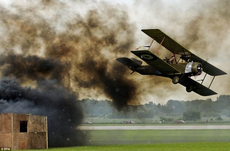 Aviation Fair Re-enactment Prague Czechoslovakia.WW1 Sopwith Strutter in action.